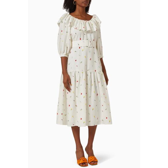 KITRI Imelda Midi Dress pockets belted linen puff sleeve square neck floral - Picture 1 of 11